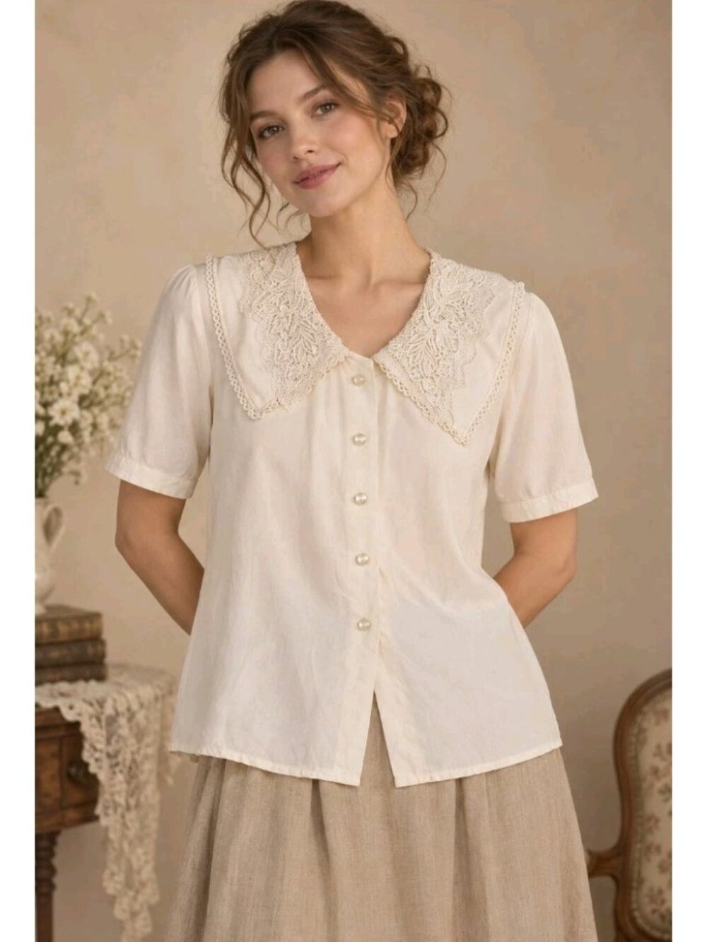 Vtg Camille Claudel Lace Collar Blouse Victorian Romantic Coquette Size M Ivory